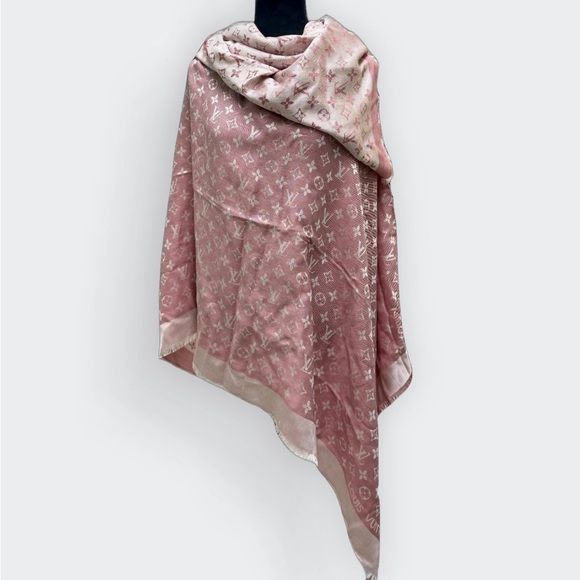 Auth Louis Vuitton Monogram Shine Rose Pink Ivory Shawl LV Wrap Stole Scarf - Picture 9 of 15